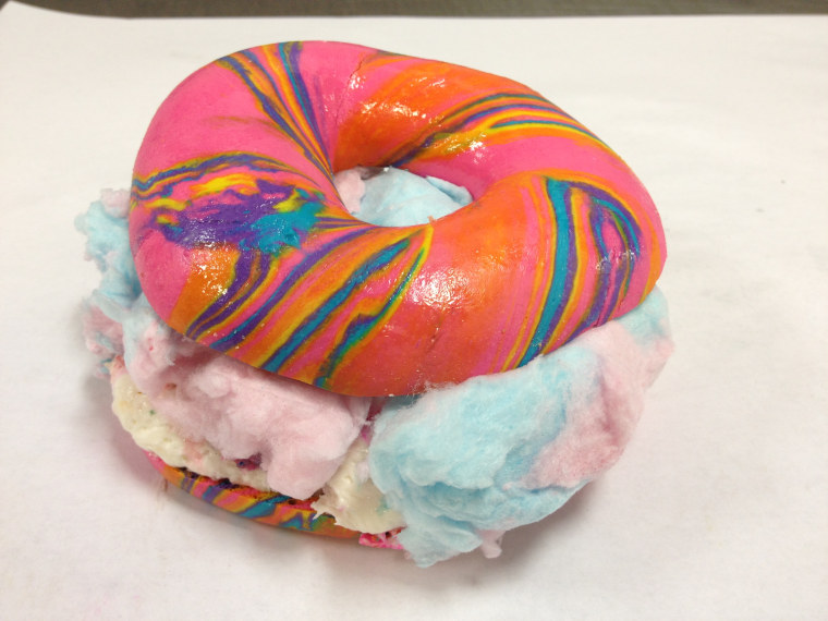 Rainbow Bagel with Rainbow Sprinkle Cake Cream Cheese and Cotton Candy from Brooklyn's The Bagel Store