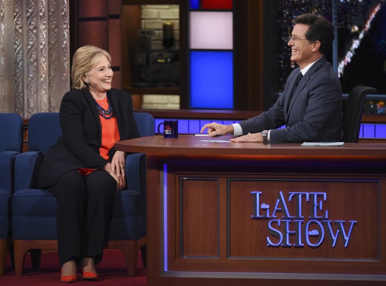 Presidential Candidate Hillary Clinton chats with Stephen on The Late Show with Stephen Colbert, Tuesday Oct. 27, 2015 on the CBS.