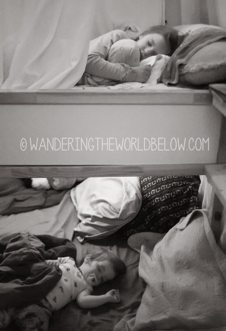 Big sister, Izzy, 9, sleeps on one of the top bunks of the Boyce's family bed, while baby brother, Elijah, 1, sleeps below.