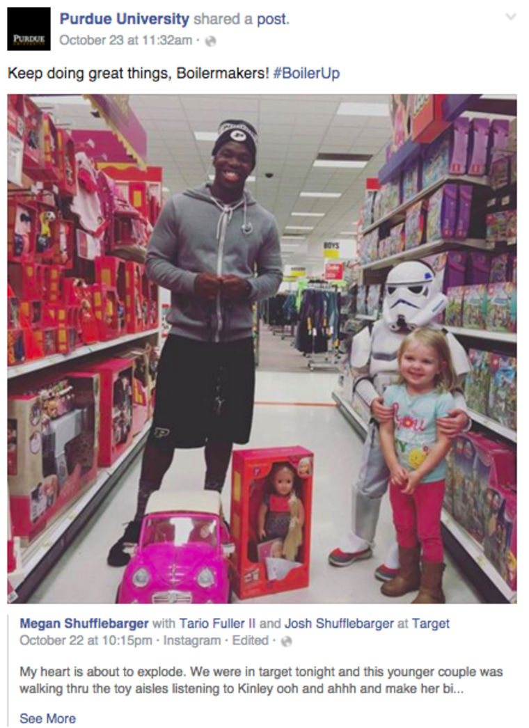Purdue University's latest star is Tario Fuller who randomly gifted a toddler a doll at Target