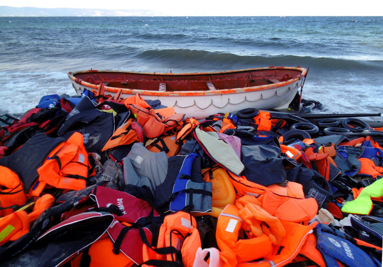 Image: Life jackets used by migrants dumped on Lesbos, Greece