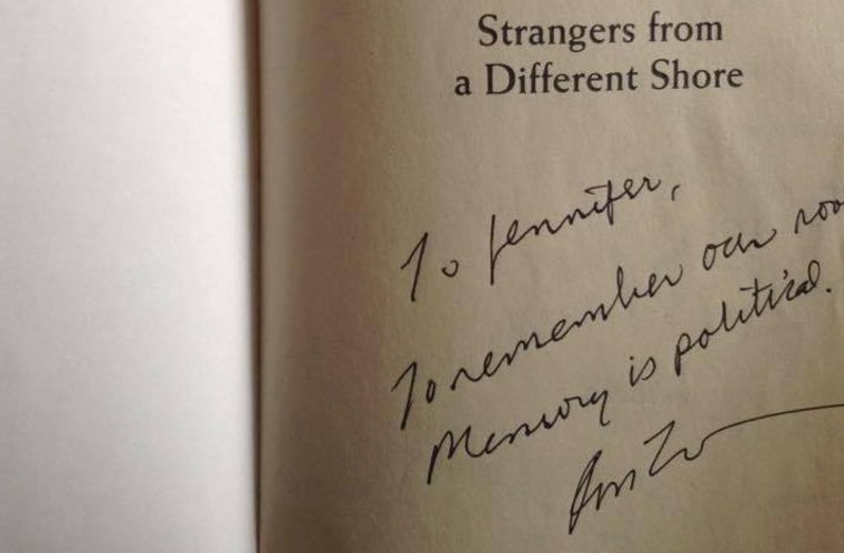 A signed inscription of the Asian American historical text “Strangers From a Different Shore” by Professor Ronald Takaki which reads “Remember our roots. Memory is political.”