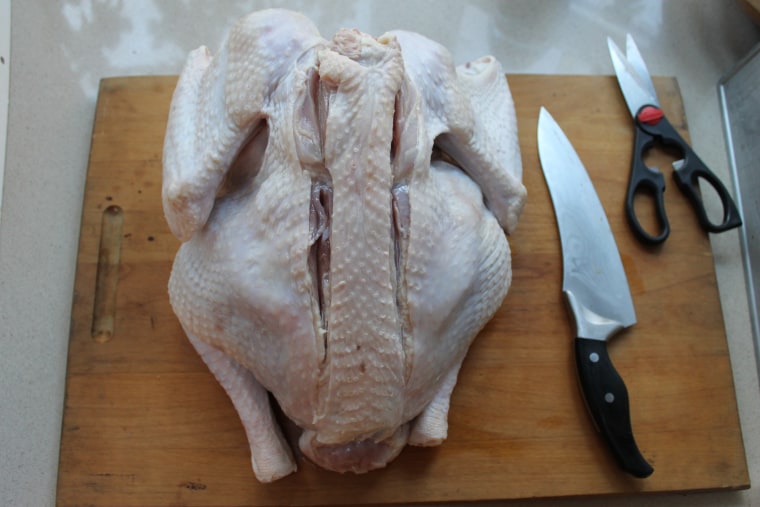 How to Butterfly a Turkey Step-by-Step: Using a sharp knife, make an incision on either side of the backbone