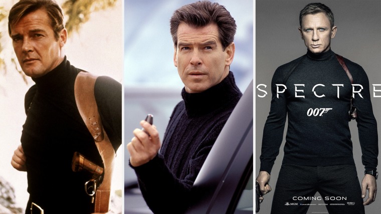 Roger Moore in "Live and Let Die," 1973. Pierce Brosnan in "Die Another Day," 2002. Daniel Craig in "Spectre," 2015.