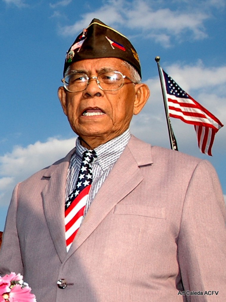 Artemio Caleda speaks during the wreath laying sunset ceremony at National World War II Memorial on the Bataan Day of Valor anniversary, April 9, 2007 in Washington DC. Caleda fought as a member of the U.S Army Forces in the Philippines during WWII. He has been fighting for equal pay and benefits since they were stripped away in 1946.