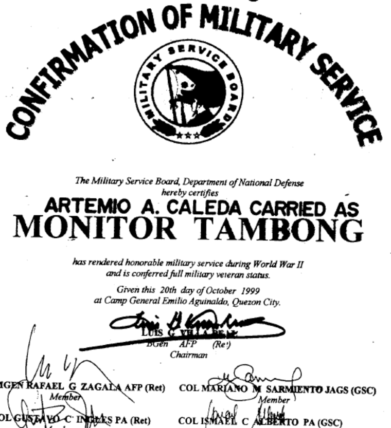 This Philippine government document authenticates Artemio Caleda and his alias, Monitor Tambong, as one and the same. The U.S. Army has disallowed the document and says Caleda is ineligible for the equity lump sum payment awarded Filipino Veterans of WWII.