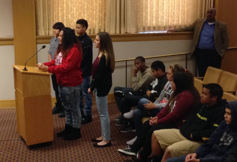 Castlemont High School Ethnic Studies students of Leona Kwon presenting their project to the Life Enrichment Committee at Oakland City Hall last spring.