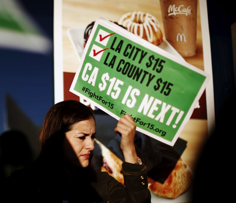 Image: Fast-food workers and their supporters join a nationwide protest for higher wages and union rights outside McDonald's in Los Angeles