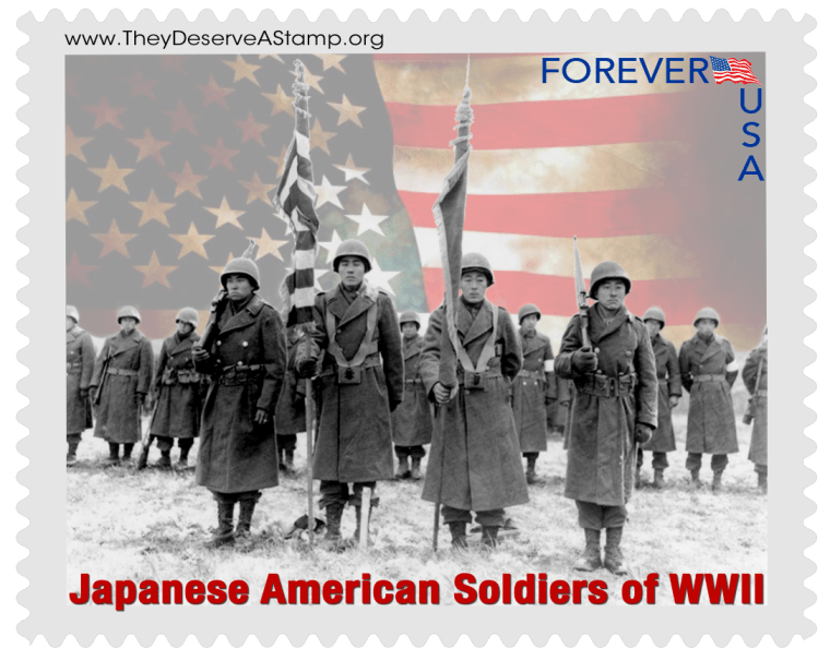 A mock-up of a possible stamp design commemorating Nisei Japanese-American soldiers who fought in the U.S. military during World War II.