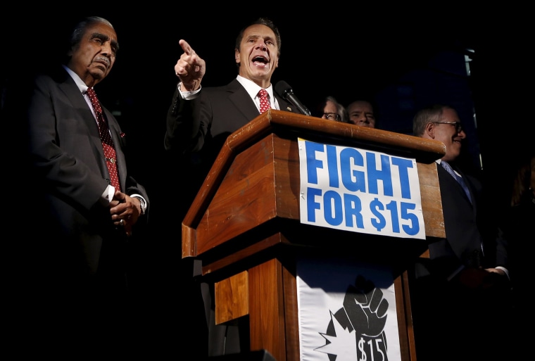 Image: New York Governor Andrew Cuomo speaks during a rally for higher wages