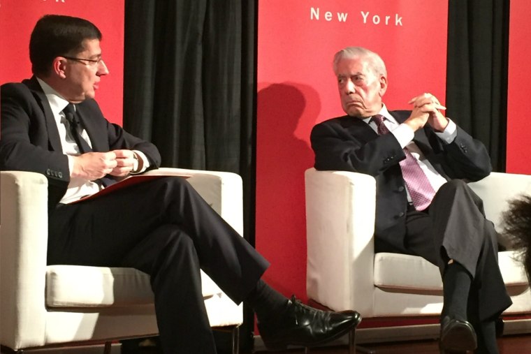 Peruvian Nobel Laureate Mario Vargas Llosa (R) at the Spanish cultural center Instituto Cervantes in New York.