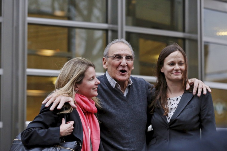 Image: Reputed Bonanno crime family leader Vincent Asaro speaks to the media as he departs Brooklyn Federal Court in New York