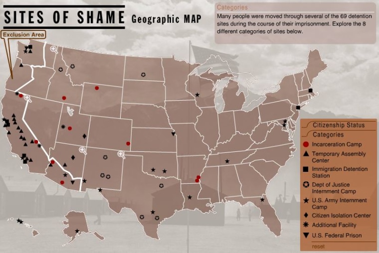 This interactive map created by Densho, located at densho.org, shows the sites of Japanese-American incarceration camps during World War II.