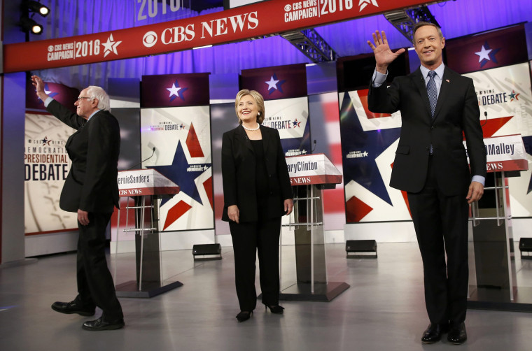 Image: Democratic U.S. presidential candidates Sanders, Clinton and O'Malley