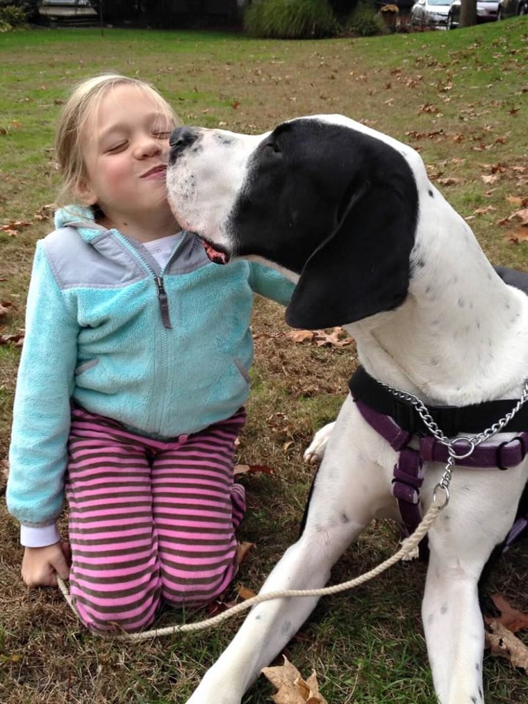 Bella Burton, 11, gets a kiss from George, her service dog.