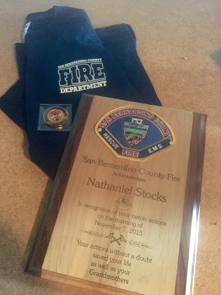 Nathaniel Stocks was honored by his local fire department after saving his grandmother's life during a fire
