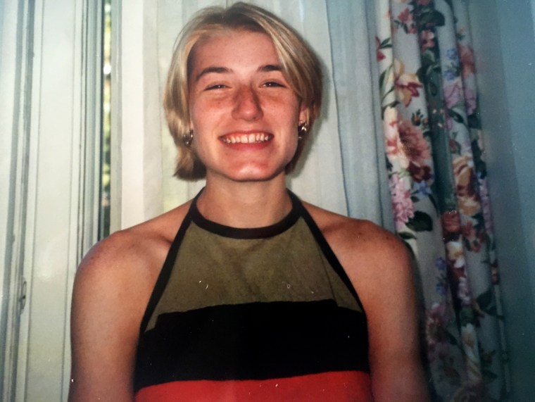 Bleach blonde and fully freckled in high school in 1997.