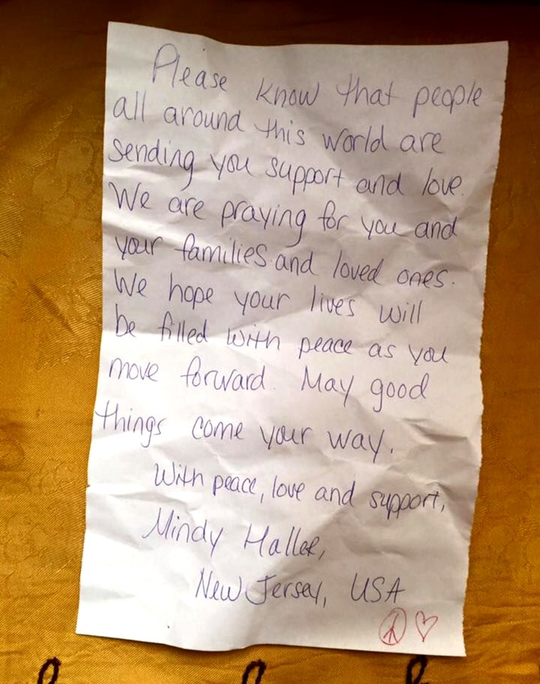 A note of encouragement attached to a donated baby carrier from across the globe.