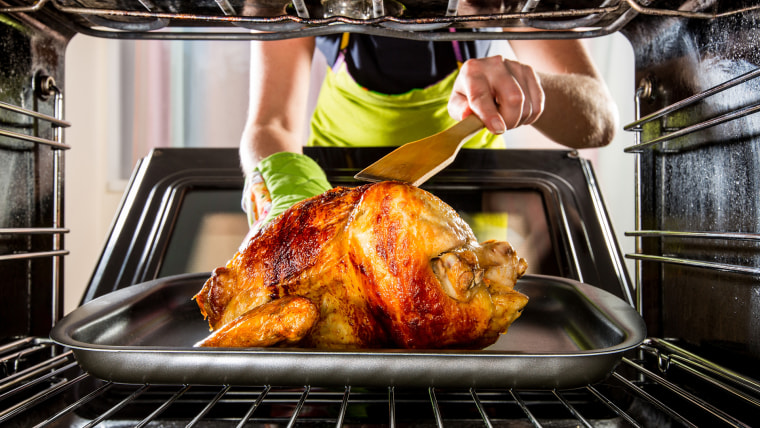 Woman cooking turkey in oven