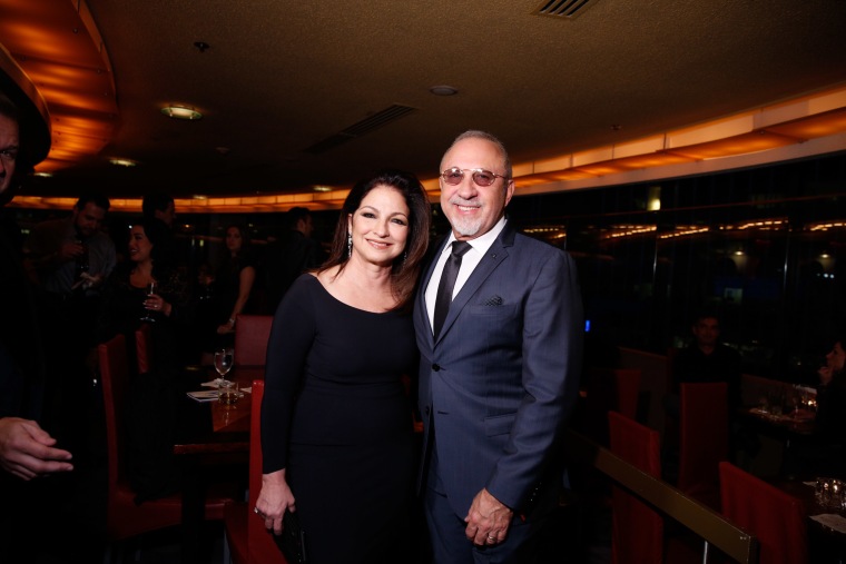 Gloria and Emilio Estefan attend 'On Your Feet' Broadway musical fan meet and greet at The New York Marriott Marquis on November 2, 2015 in New York City.