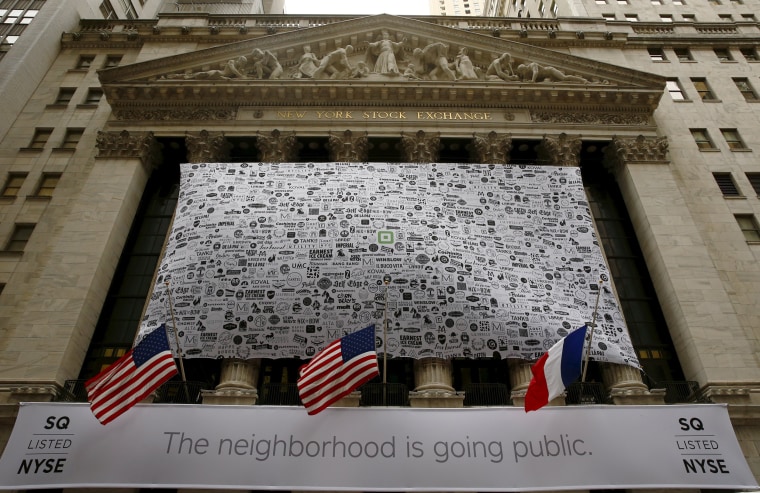 Image: Signage for Square Inc. covers the front of the New York Stock Exchange celebrating the company's IPO