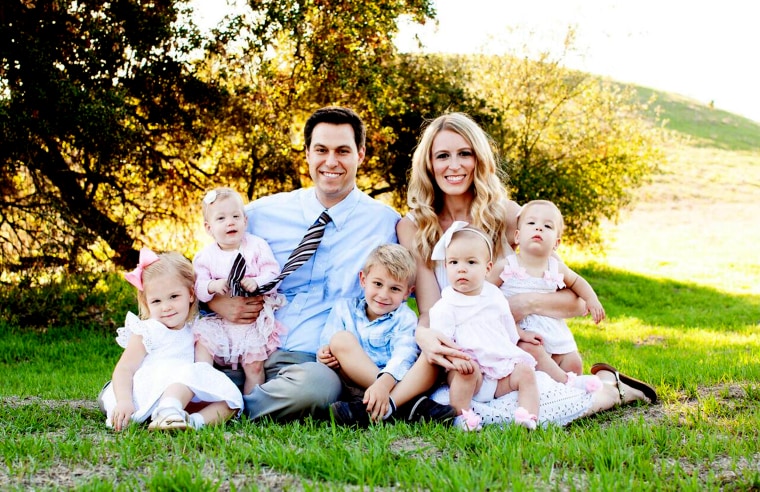 Andrew and Laura Last with their children, Matthew, Natalie and triplets Annemarie, Elizabeth and Catherine. The Orange County, California couple will welcome their sixth child, a baby girl, in May 2016.