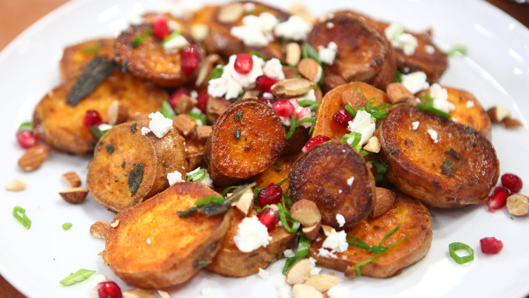 Roasted Sweet Potatoes with Feta, Almonds & Pomegranate