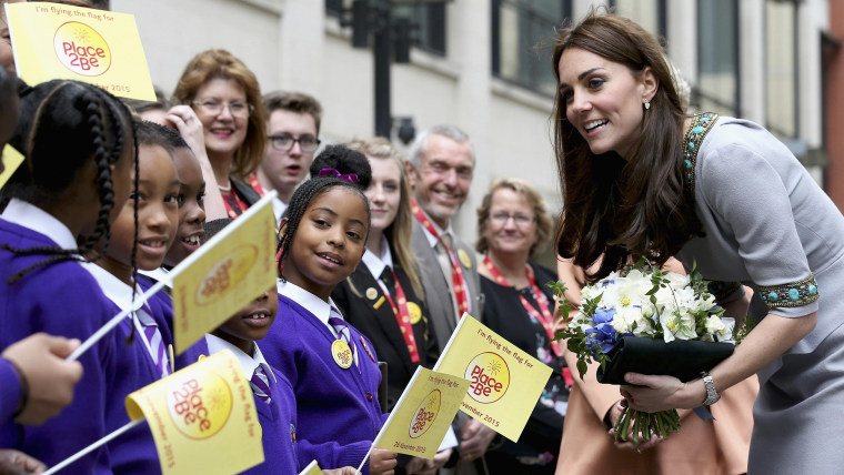 Kate, Duchess of Cambridge meets children outside the Place2Be Headteacher Conference