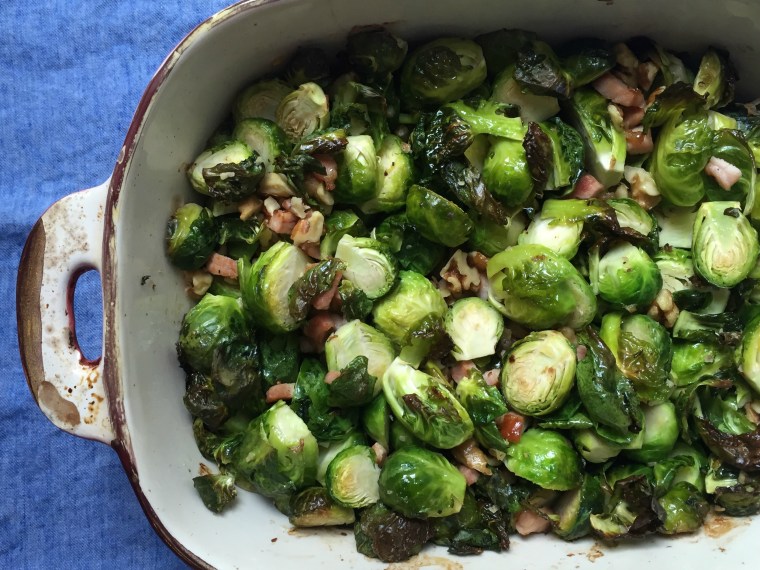 Roasted Brussels Sprouts with Walnuts and Canadian Bacon