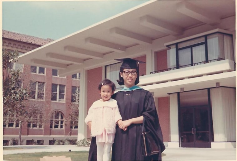 Frances Kai-Hwa Wang with her mother at graduation from USC School of Education in California