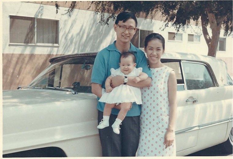 Frances Kai-Hwa Wang with her parents, newly arrived international students, in California. Wang’s father, who worked several jobs while going to school, often recalled that time as so financially difficult but among his happiest times.