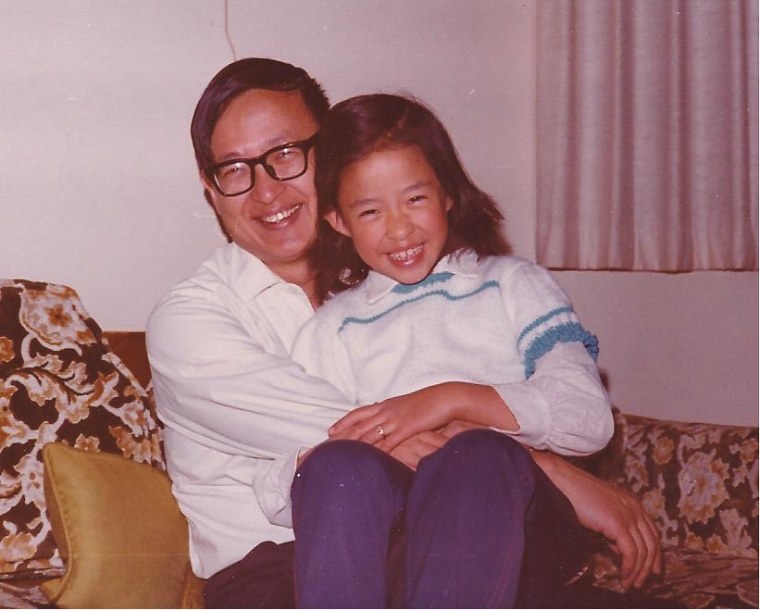 Frances Kai-Hwa Wang with her father on her eighth birthday in California