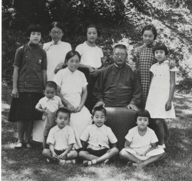 Frances Kai-Hwa Wang’s maternal great grandparents and their nine children in China, 1935. Wang’s maternal grandmother, who happened to be born in Japan at the time of the Great Kanto Earthquake, is in the center of the back row.