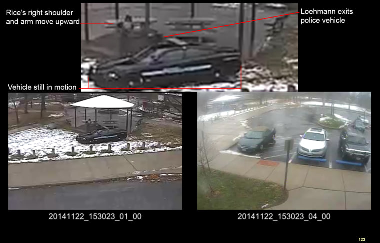 This combination of still images taken from a surveillance video and released Saturday, Nov. 28, 2015, by the Cuyahoga County Prosecutor's Office, shows Cleveland police officers arriving at Cudell Park on a report of a man with a gun. Twelve-year-old Tamir Rice was fatally shot by Cleveland police officer Timothy Loehmann, Nov. 22, 2014, after he reportedly pulled a replica gun at the city park.