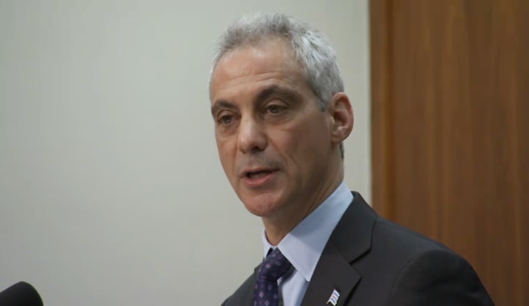 Image: Mayor of Chicago Rahm Emanuel speaks to reporters at a press conference.
