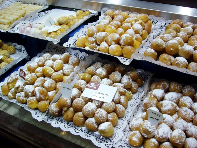 Cake Shop in Madrid. All saints day festivity typical cakes (bunuelos and huesos de santo) in a shop window.