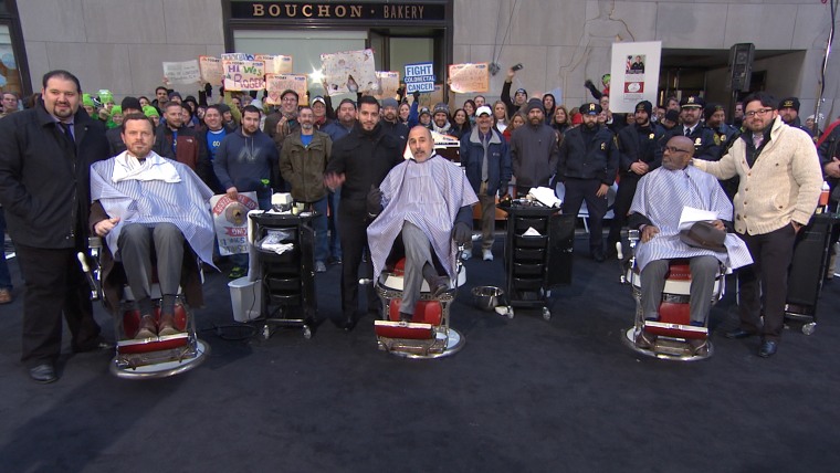 Willie Geist, Matt Lauer and Al Roker on the TODAY plaza for the big shave.