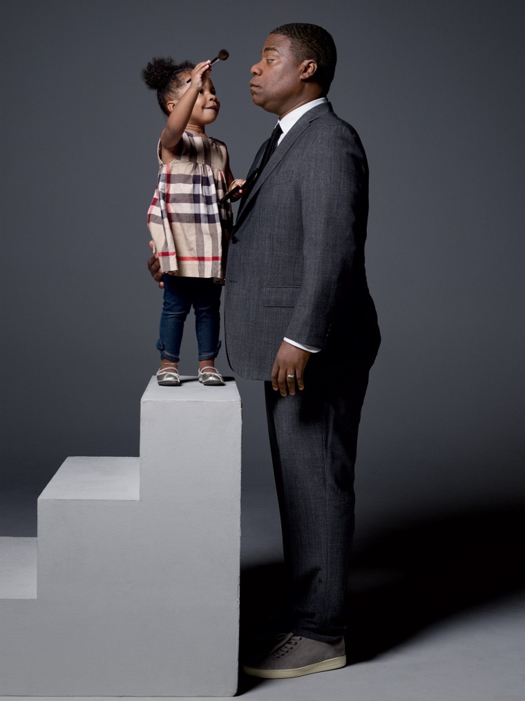 Tracy Morgan and his 2-year-old daughter, Maven, put the finishing touches on his makeup for a GQ shoot.