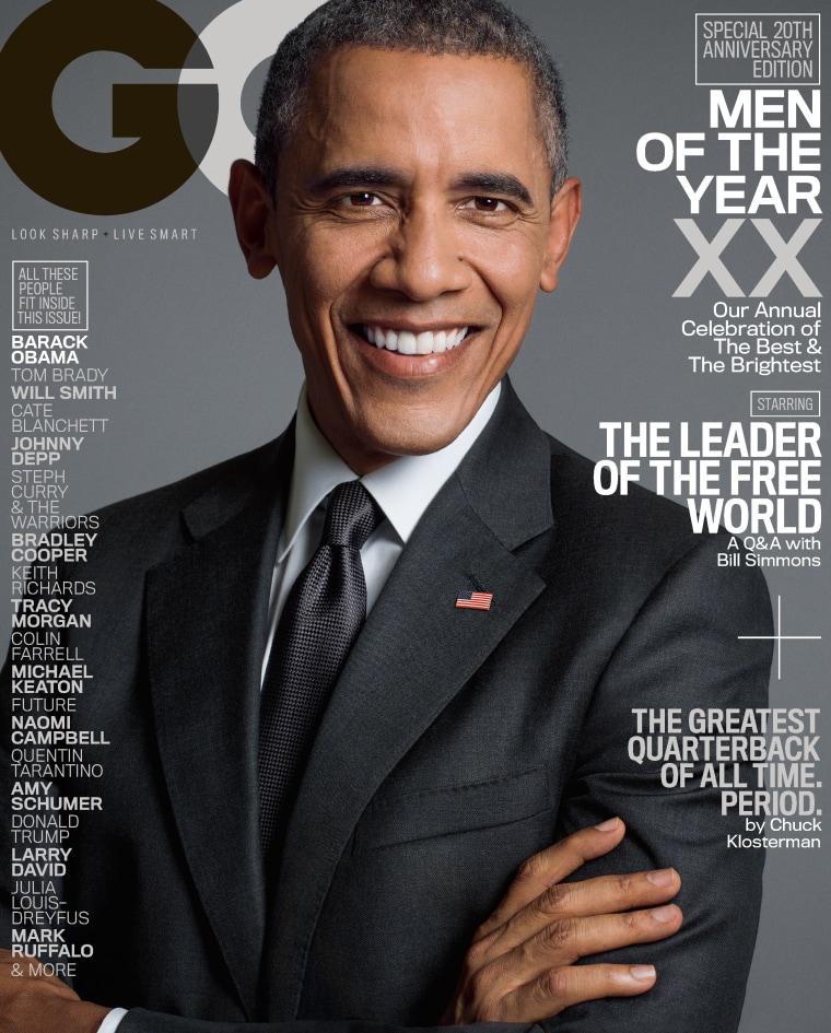 Barack Obama is featured on one of the covers of GQ's 20th anniversary issue, released in late 2015. The edition also features a candid interview with Tracy Morgan.