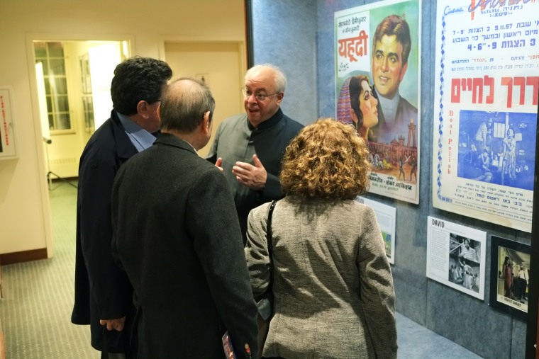 Author, collector, and exhibit curator Kenneth X. Robbins gives visitors a tour of "Baghdadis &amp; the Bene Israel in Bollywood &amp; Beyond" at the American Sephardi Federation's Leon Levy Gallery. The exhibit is on display at the Center for Jewish History in New York City through April 1, 2016.