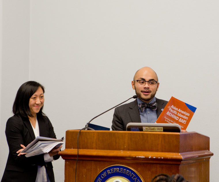 Quyen Dinh of Southeast Asia Resource Action Center (SEARAC) and Gregory Cendana of Asian Pacific American Labor Alliance / AFL-CIO (APALA) at congressional briefing regarding the impact of mass incarceration on the AAPI community introducing “AAPIs Behind Bars: Exposing the School to Prison to Deportation Pipeline”