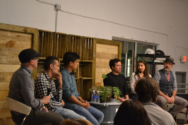 From left to right: Cuban tech entrepreneurs Ubaldo Huerta, Elio Hector Lopez, Hiram Centelles, Yodainer Gutierrez, Marta Deus and moderator Ted Henken gather at The LAB Miami for a discussion on emerging tech in Cuba on Monday, December 7, 2015.