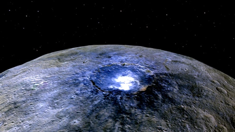 False-color view of Occator Crater showing differences in surface composition.