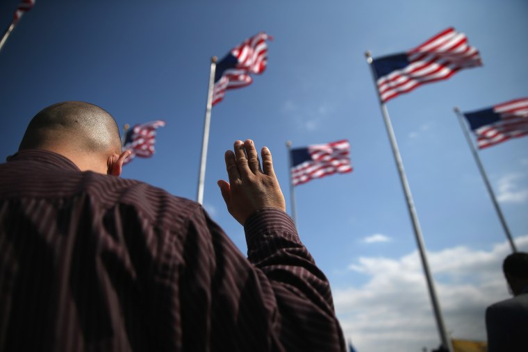 Image: Immigrants Become US Citizens During Naturalization Ceremony At Liberty State Park