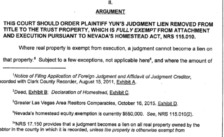 Court documents, obtained by NBC News, show Ronald Ebens' motion to remove the lien on his Nevada residence.
