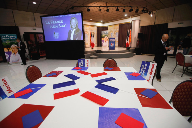 Image: A view shows the empty room where Marion Marechal-Le Pen, French FN political party member and candidate for National Front in the Provence-Alpes-Cote d'Azur region, will speak after the results in the second-round regional elections in Marseille