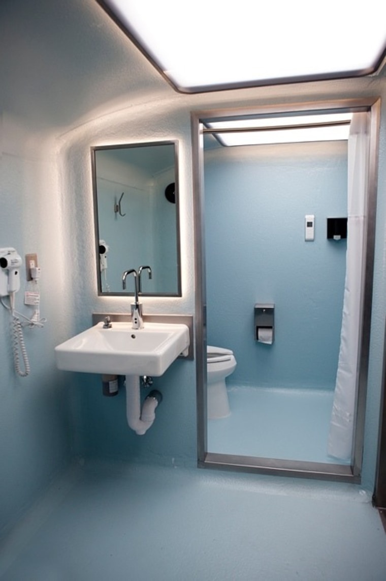 The Lava Mae truck's bathroom is a sleek "hygiene pod" for cleaning up.