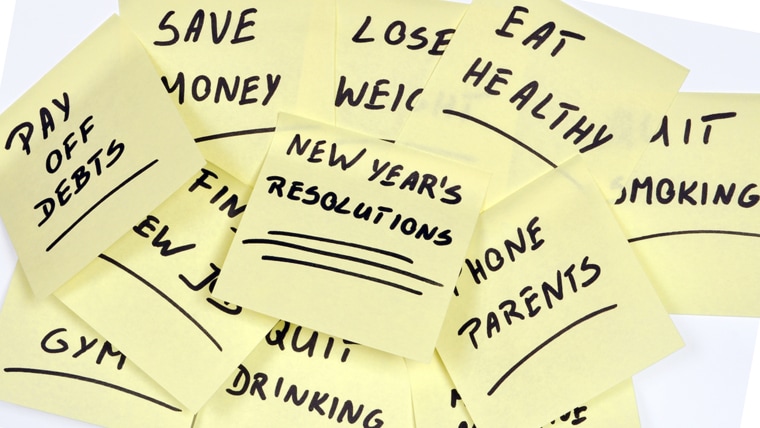 lots of New Year's Resolutions on yellow pieces of paper; Shutterstock ID 90553060; PO: TODay.COM