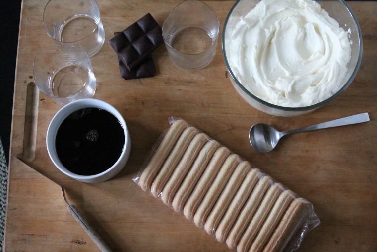 Tiramisu Parfaits step-by-step: Whip heavy cream with sugar until soft peeks form