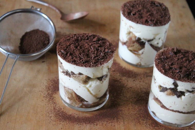 Tiramisu Parfaits step-by-step: Just before serving, dust the tops with cocoa again